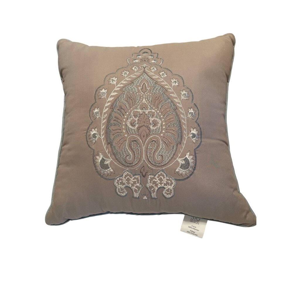 Designer Throw Pillow Embroidered India Square Exotic Beige Taupe Cushion 18x18 - Picture 8 of 8